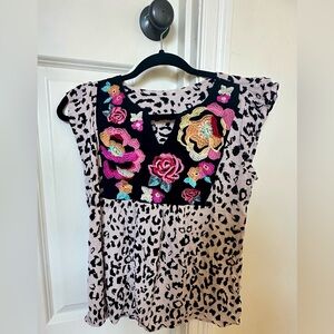 Floral Embroidered Leopard Print Top
